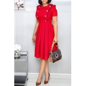 Lovely Sweet Ruffle Design Red Knee Length Dress