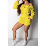 Lovely Casual Drawstring Yellow One-piece Rompers