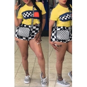 Lovely Casual Plaid Printed Yellow Two-piece Short