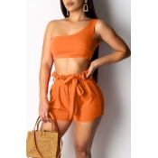 Lovely Casual One Shoulder Croci Two-piece Shorts 