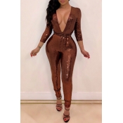 Lovely Sexy Deep V Neck Skinny Brown PU One-piece 