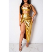 Lovely Sexy Sleeveless Side High Slit Gold Two-pie