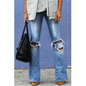 Lovely Casual Hollowed-out Blue Jeans
