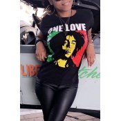 Lovely Casual Portrait Printed Black T-shirt