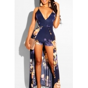 Lovely Bohemian Backless Blue One-piece Rompers