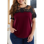Lovely Plus-size Patchwork Wine Red Shirts