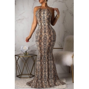 Lovely Sexy Backless Pythons Grain Khaki Floor Len