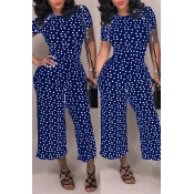 Lovely Fashion Dots Printed Dark Blue Jumpsuit(Wit