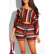 Lovely Striped Half Sleeve Two-piece Shorts Set