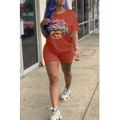 Lovely Casual Letters Printed Brick Red Two-piece 