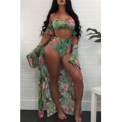 Lovely Sexy Floral Print Green Two-piece Swimwear(