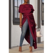 Lovely Casual Asymmetrical Wine Red Blouses