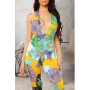 Lovely Sexy Printed Backless Yellow Jumpsuit(With 