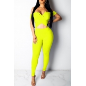 Lovely Sexy Hollow-out Yellow Jumpsuit(With Elasti