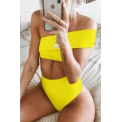 Lovely Casual One Shoulder Yellow Two-piece Swimwe