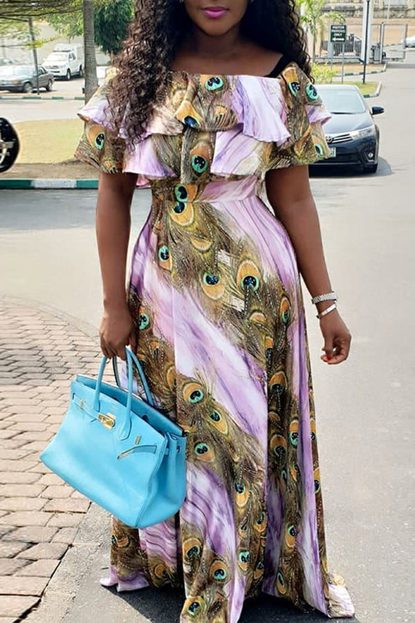 

Lovely Casual Peacock Printed Floor Length Dress(With Elastic)