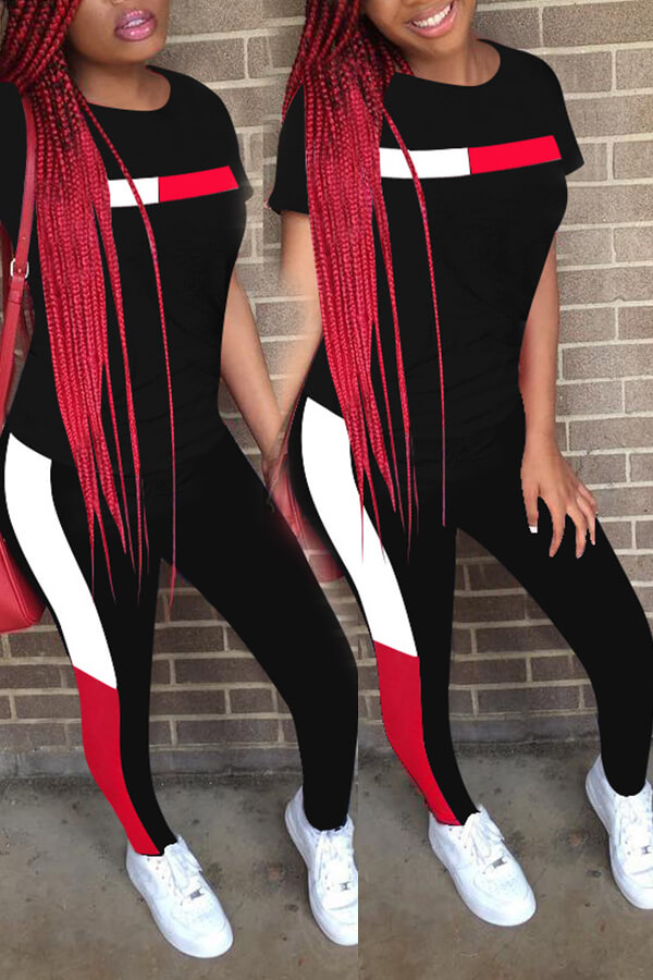 Lovely Leisure Patchwork Black Two-piece Pants Set