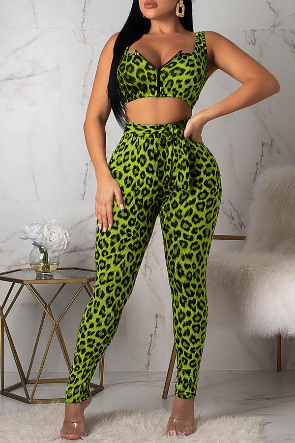 

Lovely Casual Leopard Printed Green Two-piece Pants Set