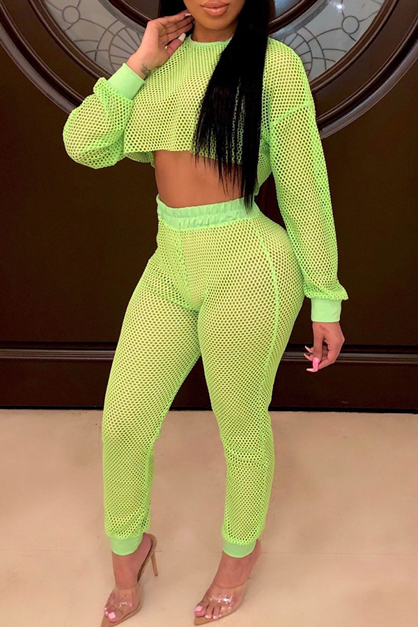 

Lovely Sexy Hollowed-out Light Green Two-piece Pants Set(Without Bra)