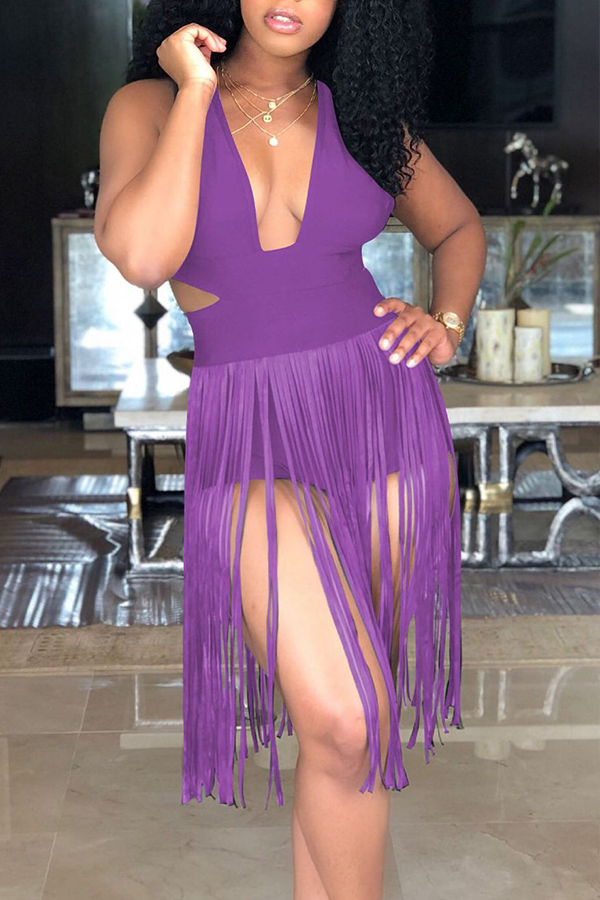 

Lovely Sexy Tassel Design Purple One-piece Romper