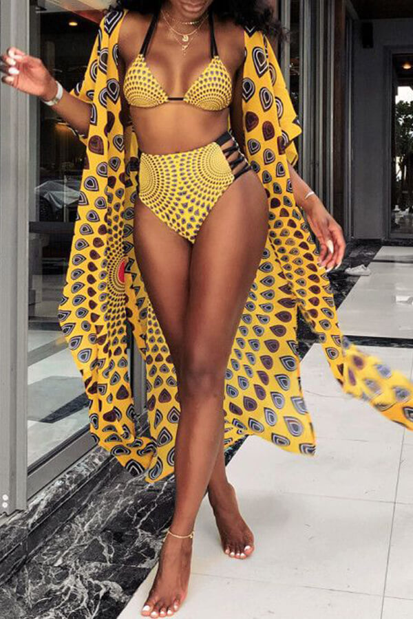 

Lovely Secy Hollowed-out Yellow Two-piece Swimwear(With Cover-up