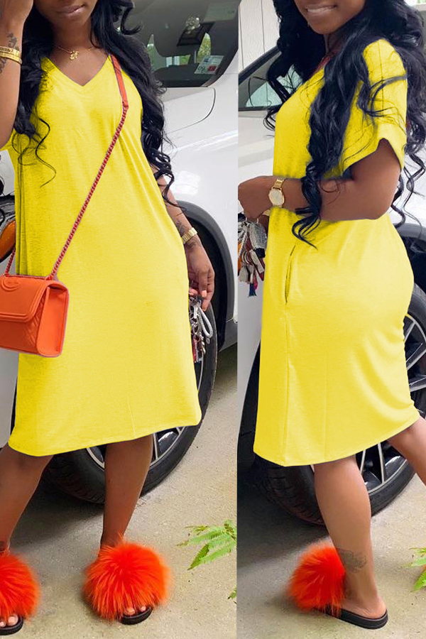 LW COTTON Casual Loose Straight Yellow Knee Length Dress