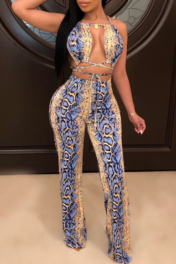 

Lovely Sexy Printed Lace-up Hollow-out Blue One-piece Jumpsuit(With Elastic