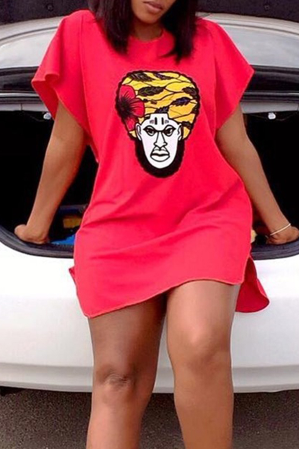 

Lovely Casual Printed Red Mini Dress(With Elastic)