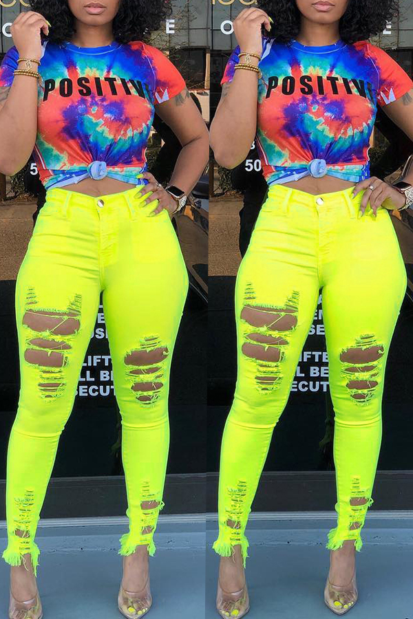 

Lovely Casual High Waist Broken Holes Yellow Jeans