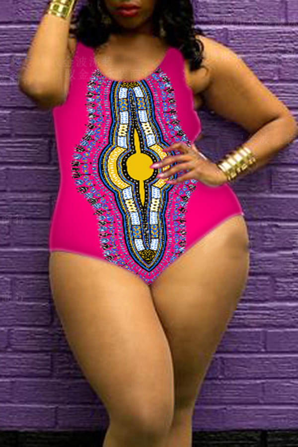 

Lovely Plus-size Printed Rose Red One-piece Swimwear