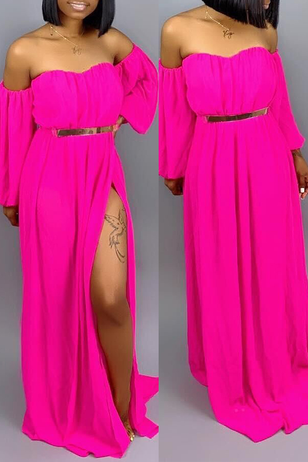 

Lovely Off The Shoulder Side Split Rose Red Ankle Length A Line Dress(With Belt)