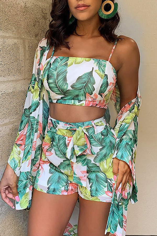 

Lovely Work Printed Green Two-piece Shorts Setr(With Cover-up)