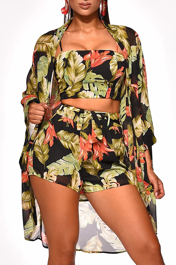 

Lovely Work Printed Black Two-piece Shorts Set(With Cover-up)