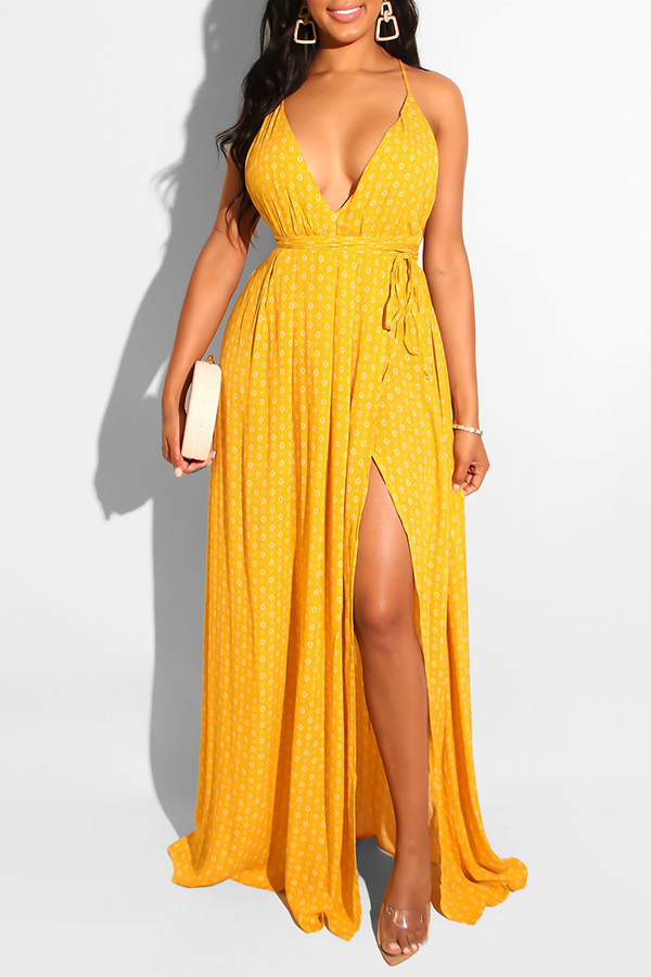 

Lovely Stylish Printed Backless Yellow Floor Length A Line Dress