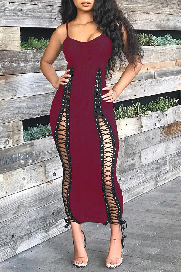 

Lovely Sexy Lace-up Hollowed-out Wine Red Ankle Length Dress