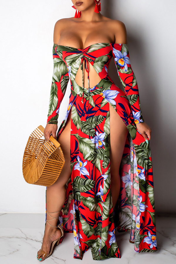 

Lovely Sexy Floral Printed Hollow-out Red Floor Length Dress