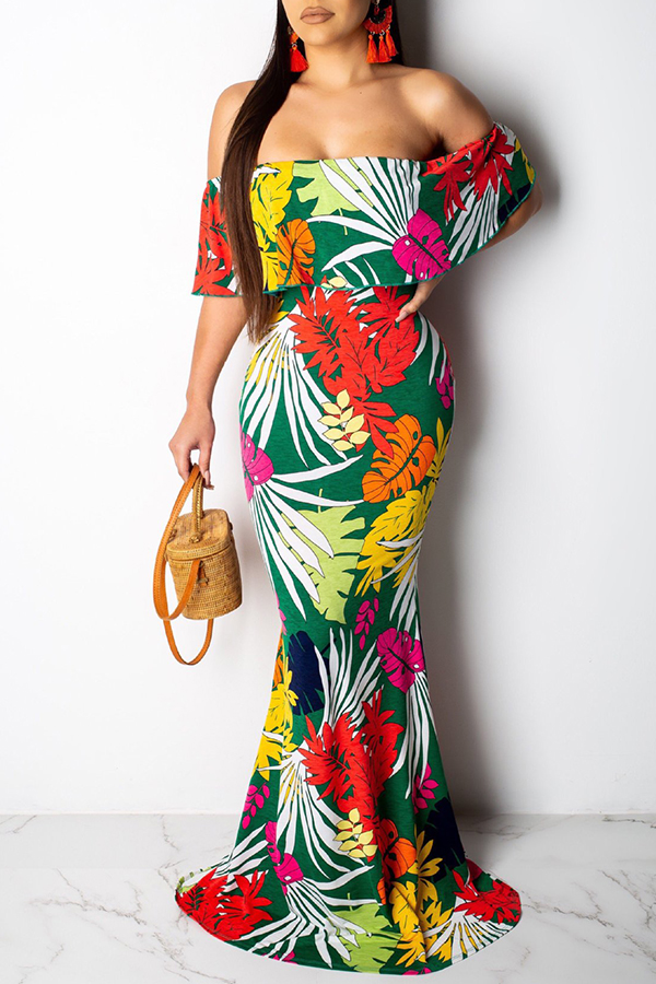 

Lovely Off The Shoulder Backless Printed Floor Length Dress(With Elastic)