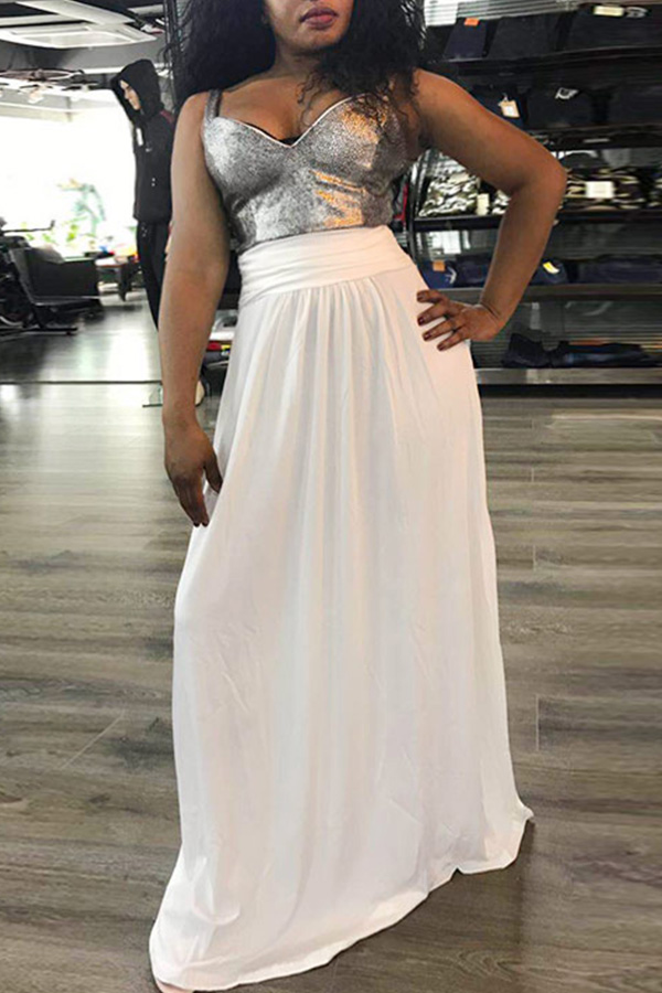 

Lovely Sweet V Neck Patchwork White Ankle Length A Line Dress(With Elastic)