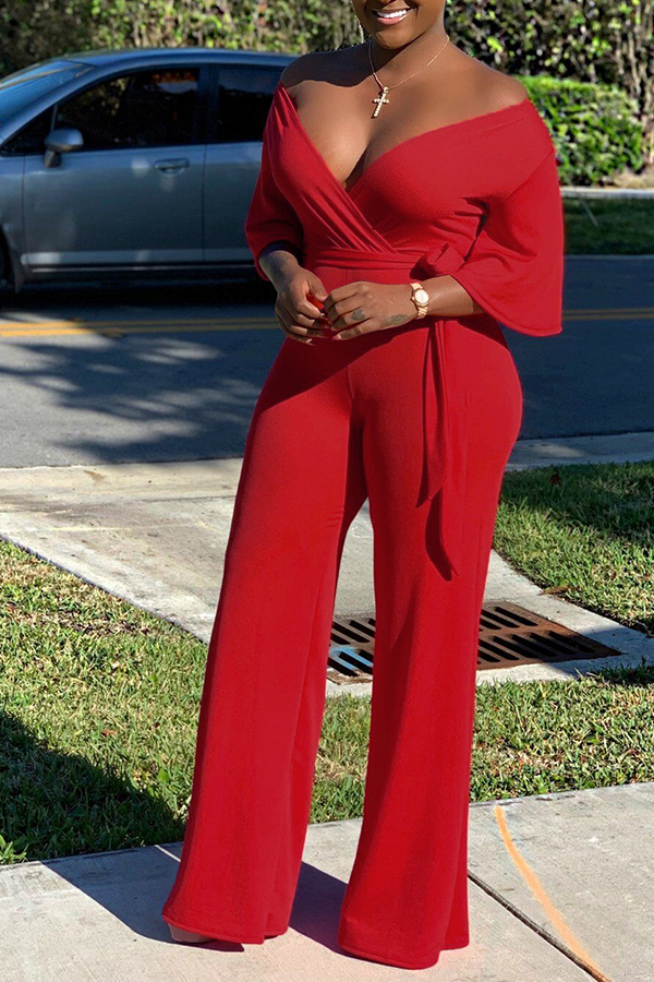

Lovely Casual Off The Shoulder Lace-up Red One-piece Jumpsuit