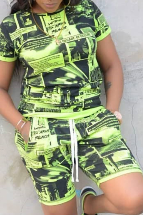 

Lovely Casual Letter Printed Green Two-piece Shorts Set