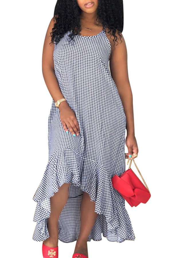 

Lovely Stylish Plaid Asymmetrical Ankle Length Dress(With Elastic)