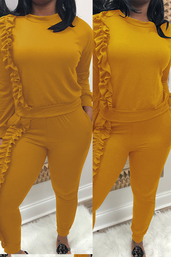 

Lovely Casual Ruffle Design Yellow Two-piece Pants Set