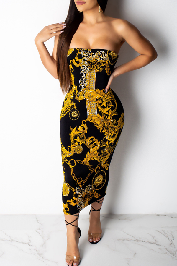 

Lovely Off The Shoulder Printed Mid Calf Dress(With Elastic