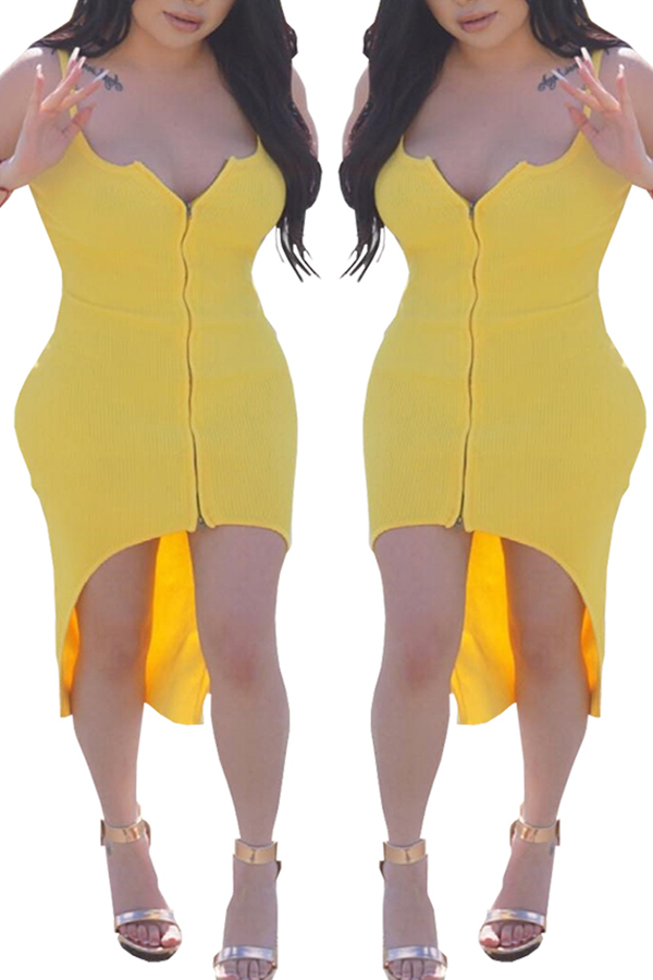 

Lovely Casual Asymmetrical Yellow Dress(With Elastic)
