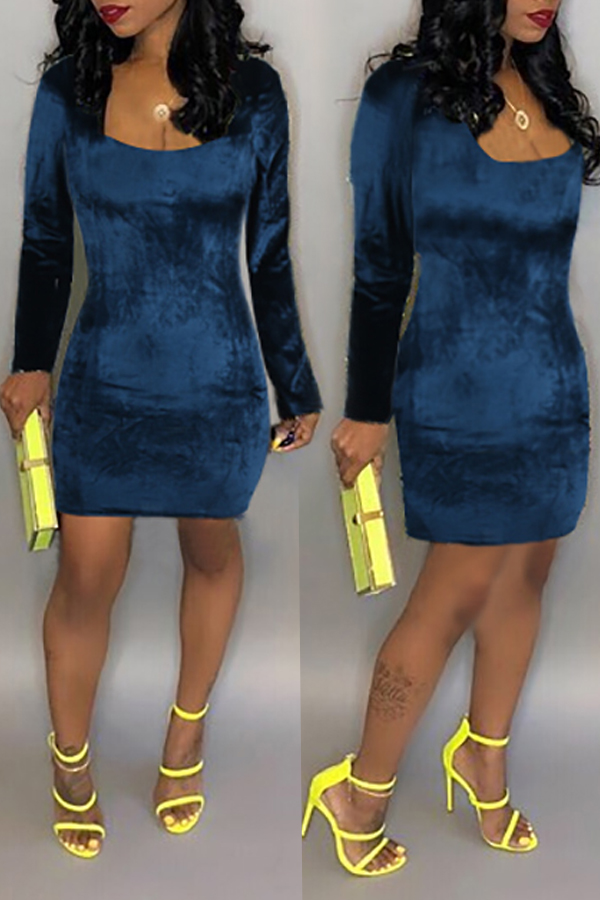 

Lovely Work Boat Neck Navy Mini Dress(With Elastic)