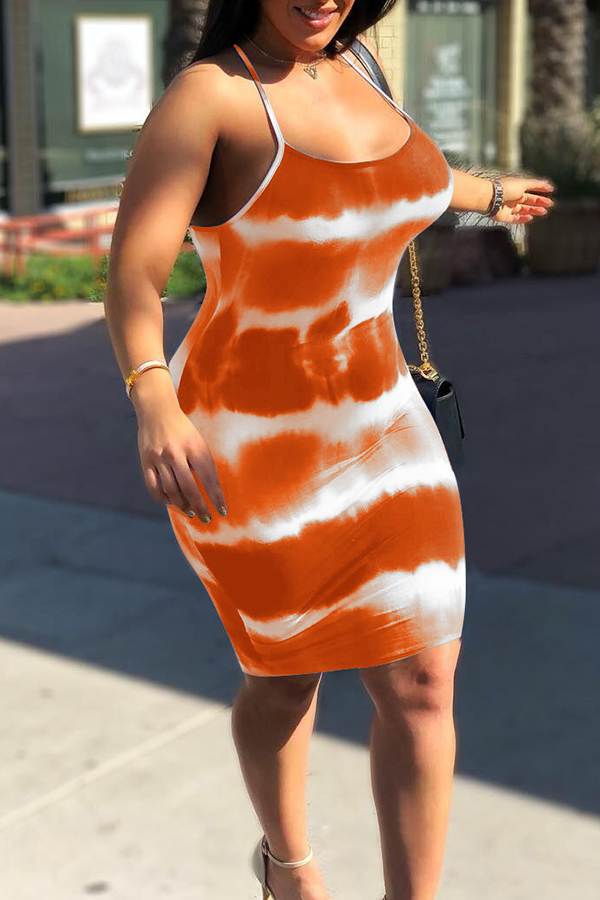 

Lovely Casual Printed Orange Knee Length Printed Dress(With Elastic)