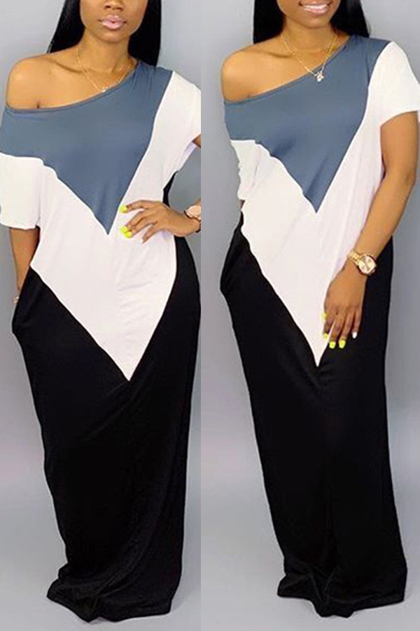 

Lovely Casual Patchwork Grey Floor Length Dress(With Elastic)