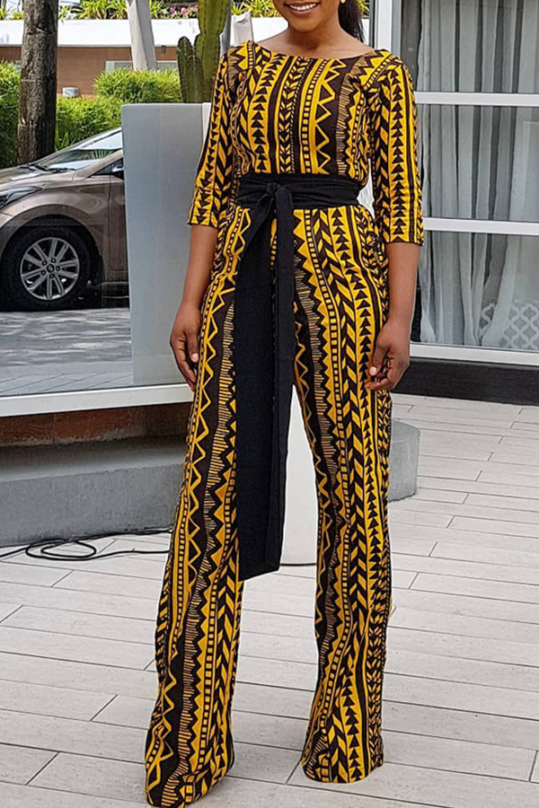 

Lovely Bohemian Printed Yellow One-piece Jumpsuit
