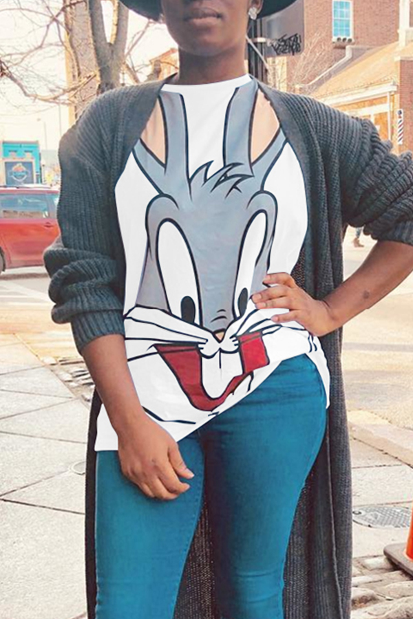 

Lovely Fashion Rabbit Printed White T-shirt