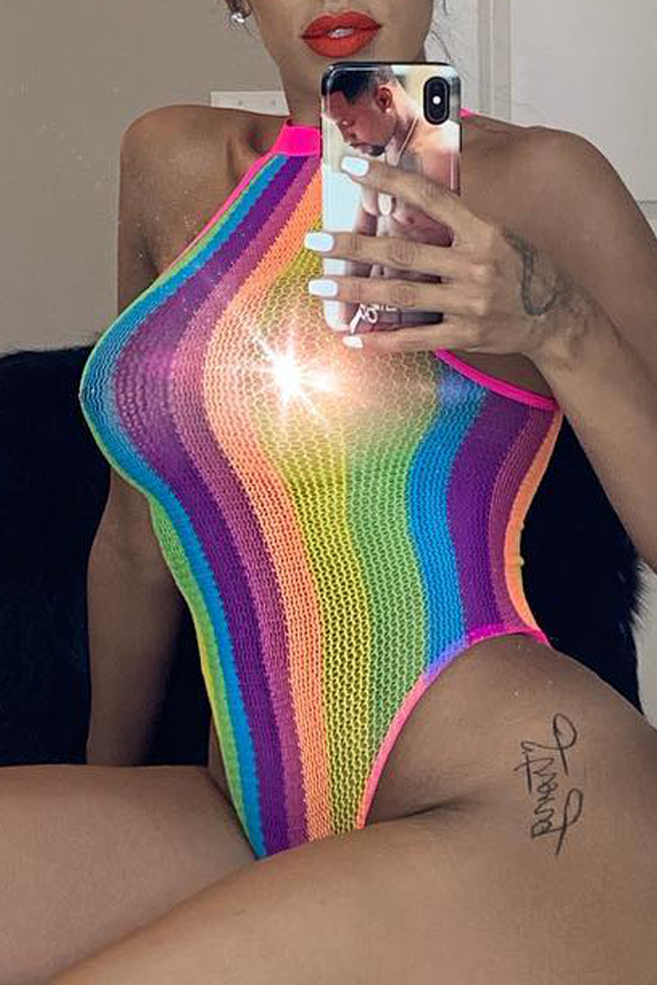 

Lovely Multicolor Striped Patchwork One-piece Swimwear